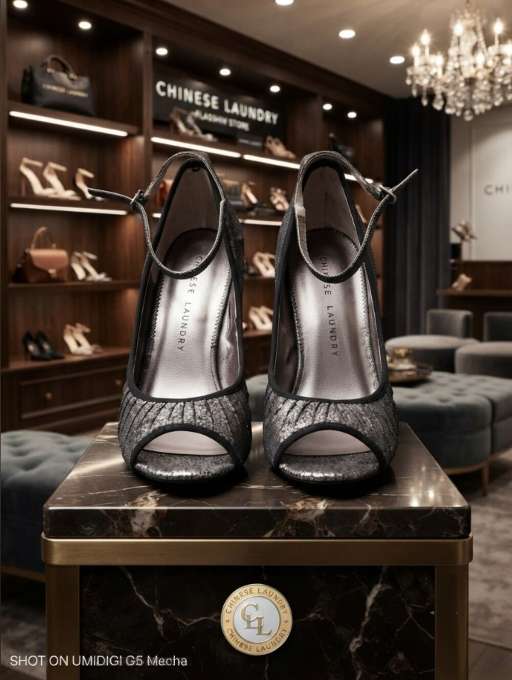 Chinese Laundry Leather Black Peep-Toe Ankle-Strap Heels